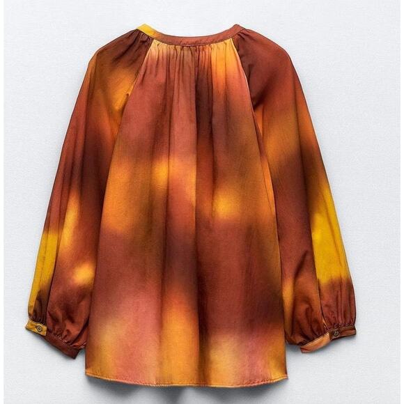 Zara Oversized Blouse Boho Resortwear Colorful Ombre Cotton Long Sleeve M NWT - Picture 3 of 13